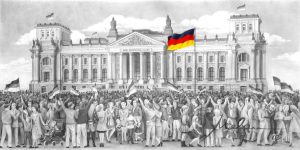 1990 Wiedervereinigung vor dem Bundestagsgebäude in Berlin