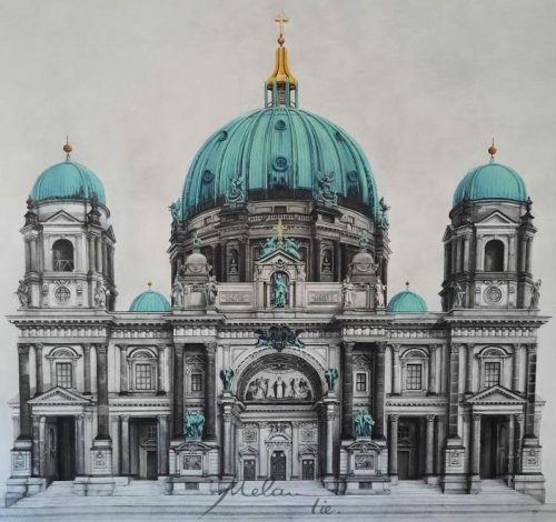 ©MelanTie Berliner Dom Bleistiftzeichnung mit Farbakzente in Acryl 15